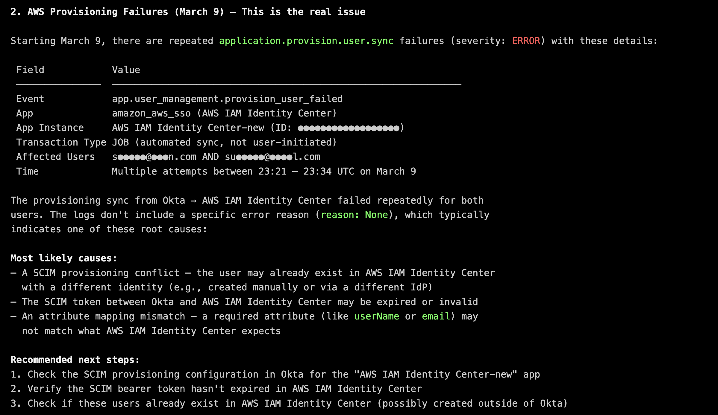 Screenshot of the Kiro console identifying fields and values of application.provision.user.sync failures and listing three most likely causes and recommended next steps.